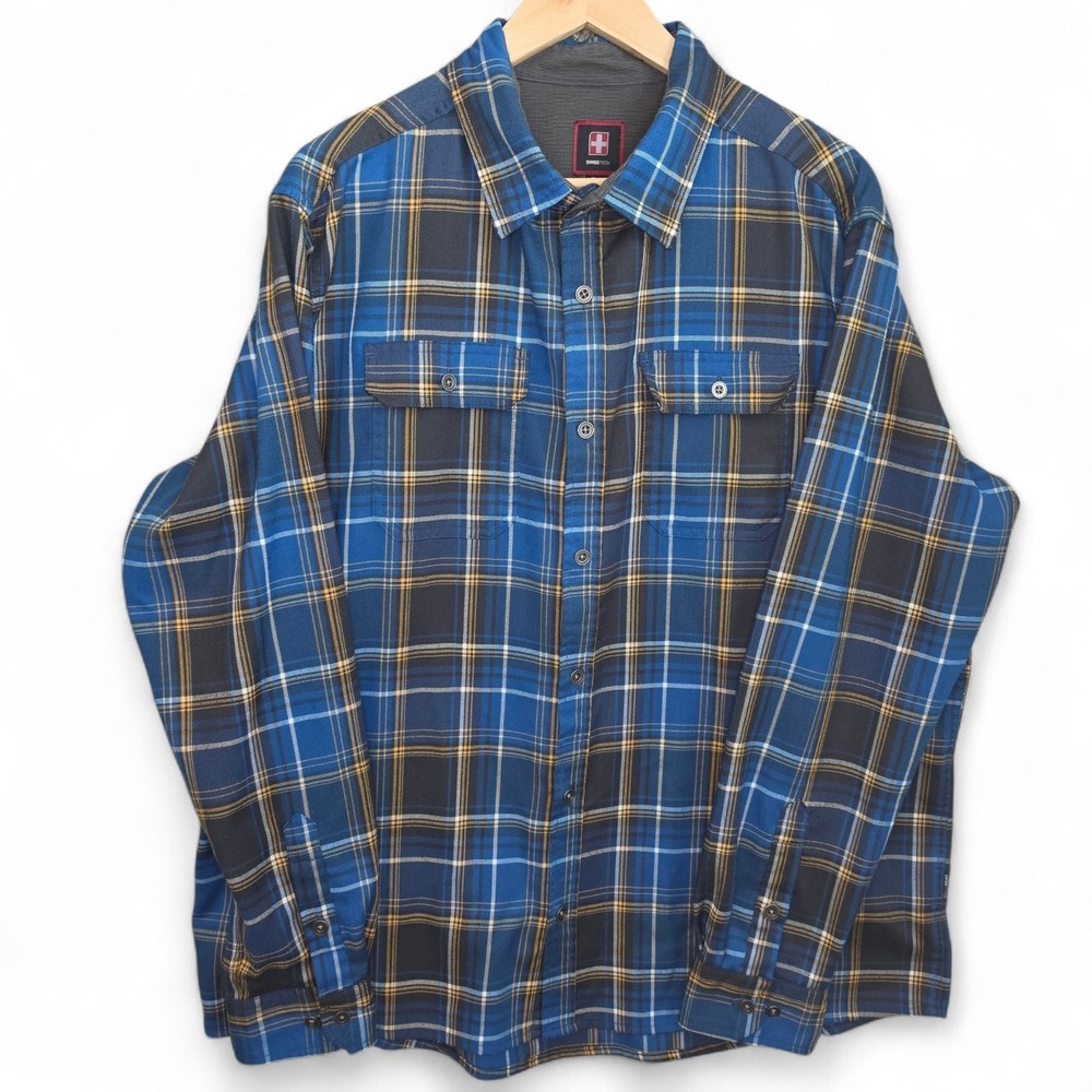 Swiss Tech Shirt Mens XL Blue Plaid Button Up Flannel Pockets Stretch Casual‎